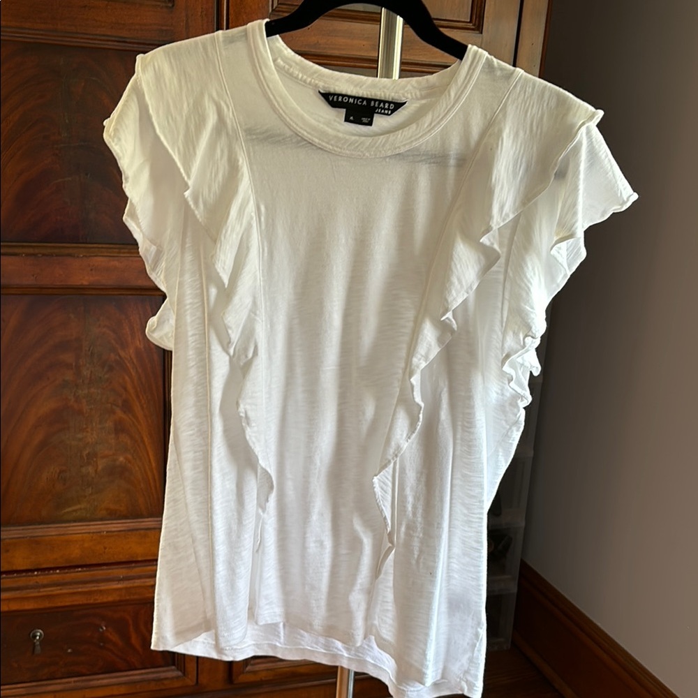 Veronica Beard White Sleeveless Ruffled T-Shirt